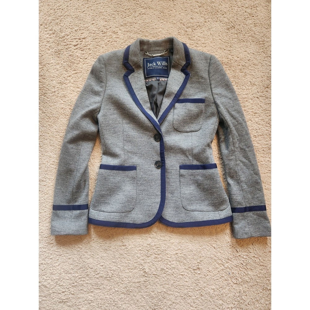 Jack Wills Great Britain Jacket Wool Blend Gray Blazer Blue Trim‎ Women's Size 4